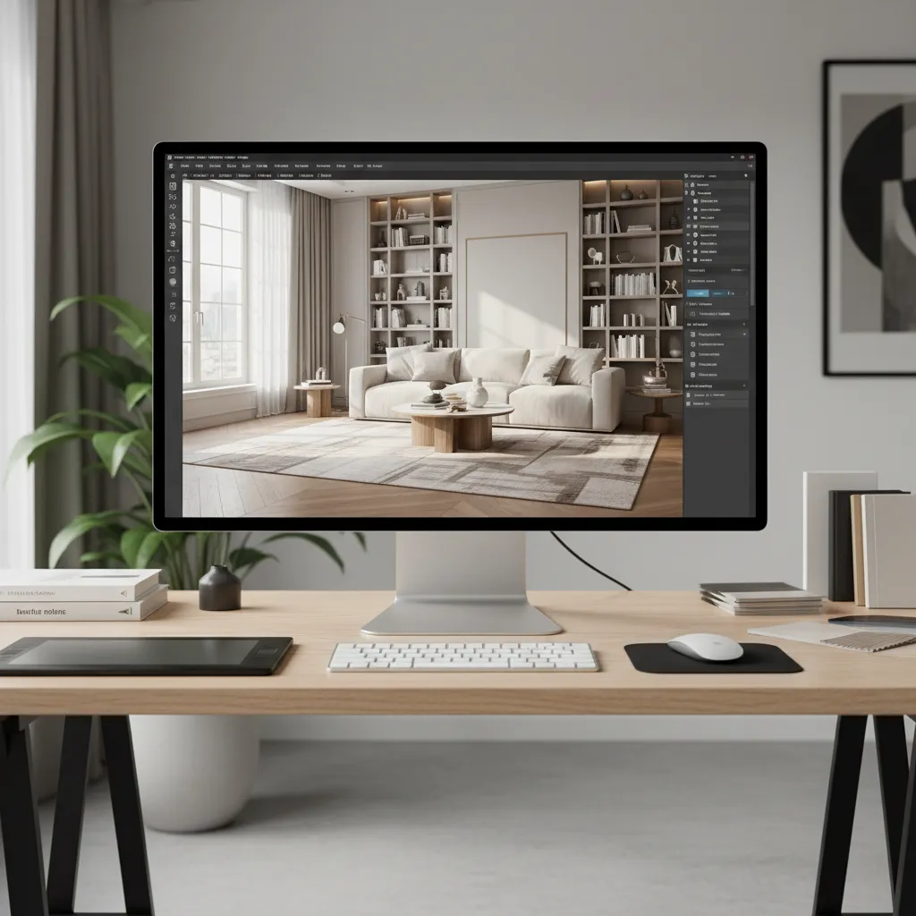 Computadora mostrando render 3D de un espacio interior