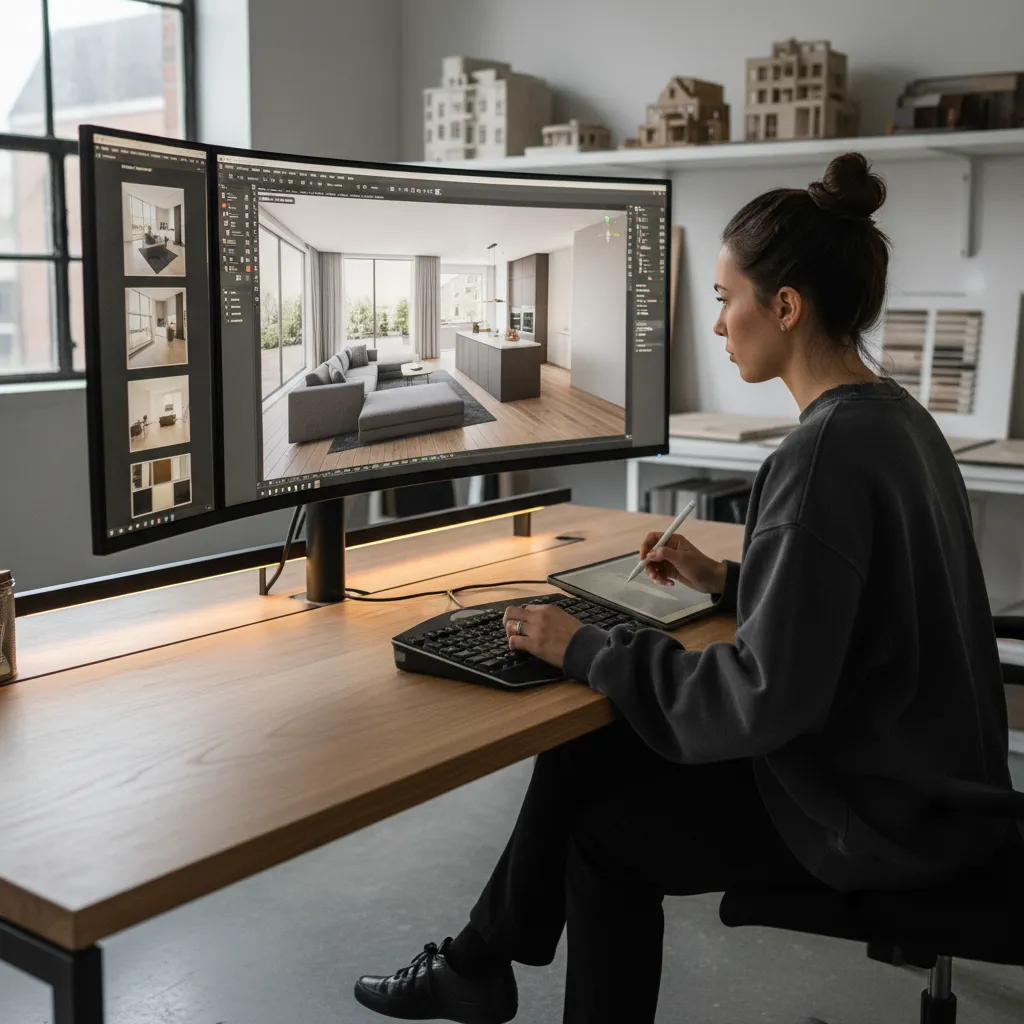 Designer working on a curved monitor showing a modern living room interior design drawing project