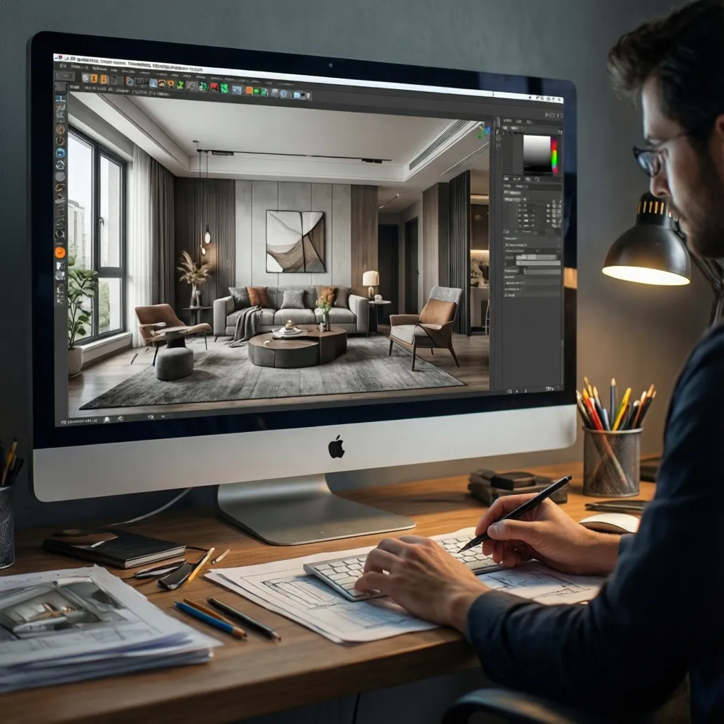 Diseñador trabajando en un modelo 3D de interior en ordenador