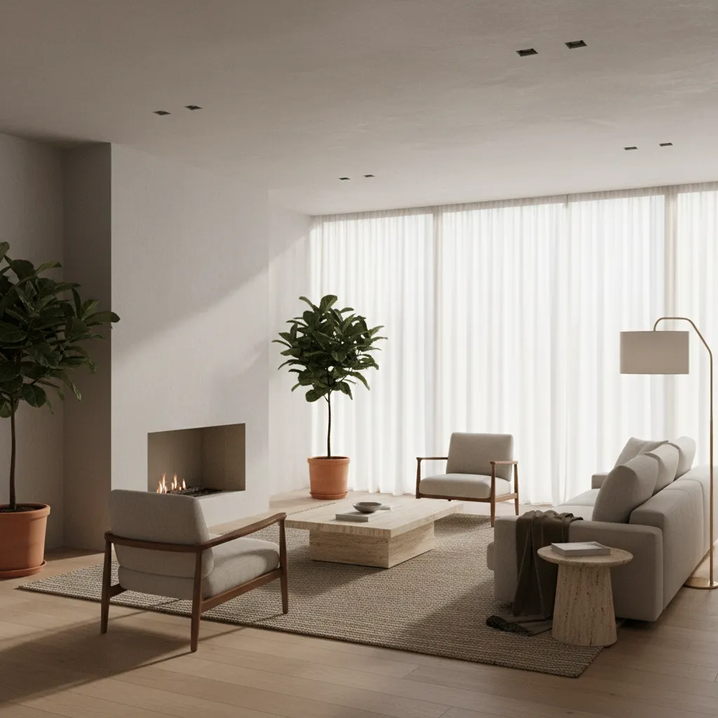 Minimalist living room interior design drawing with sofa, fireplace, green plants, and light through windows
