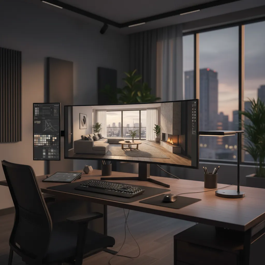 Pantalla de ordenador mostrando un render 3D de un salón moderno