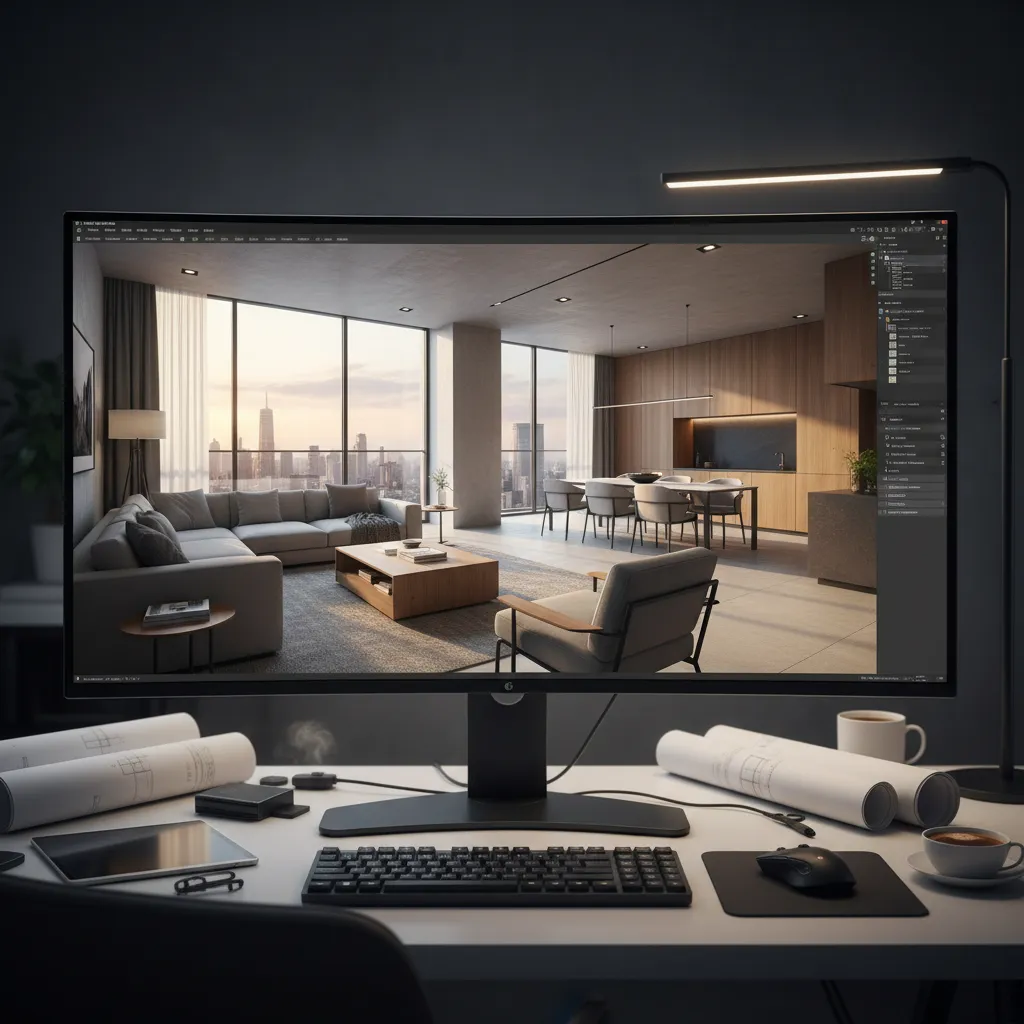 Pantalla mostrando render 3D de un proyecto de interiorismo