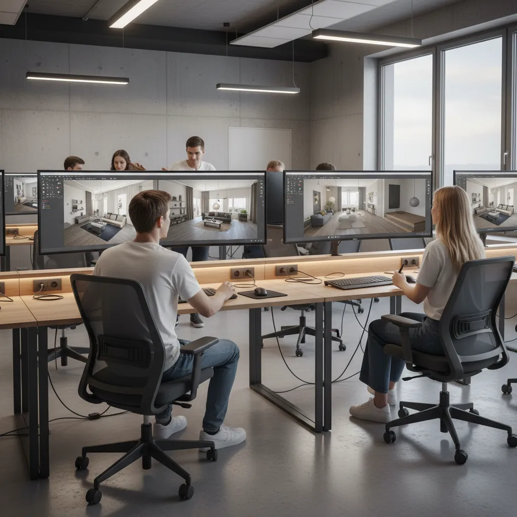 Estudiantes utilizando software de diseño 3D para interiores