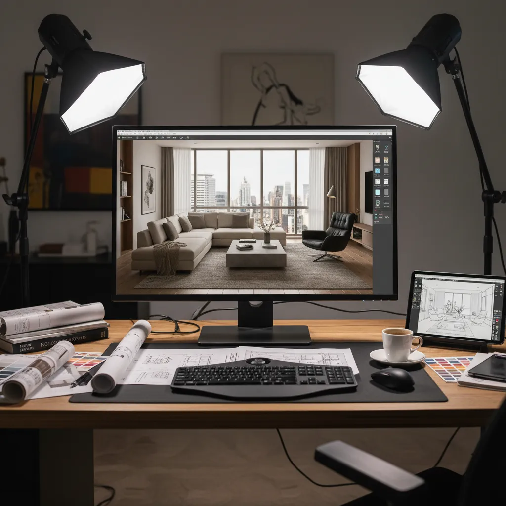 Pantalla mostrando renderizado 3D de un interior moderno