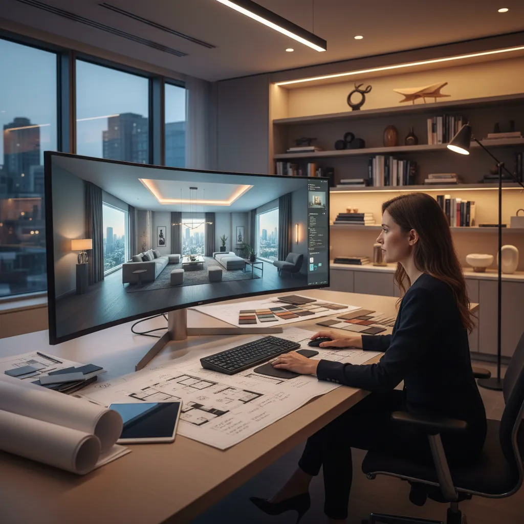 Diseñador trabajando en un modelo 3D de interiorismo en ordenador