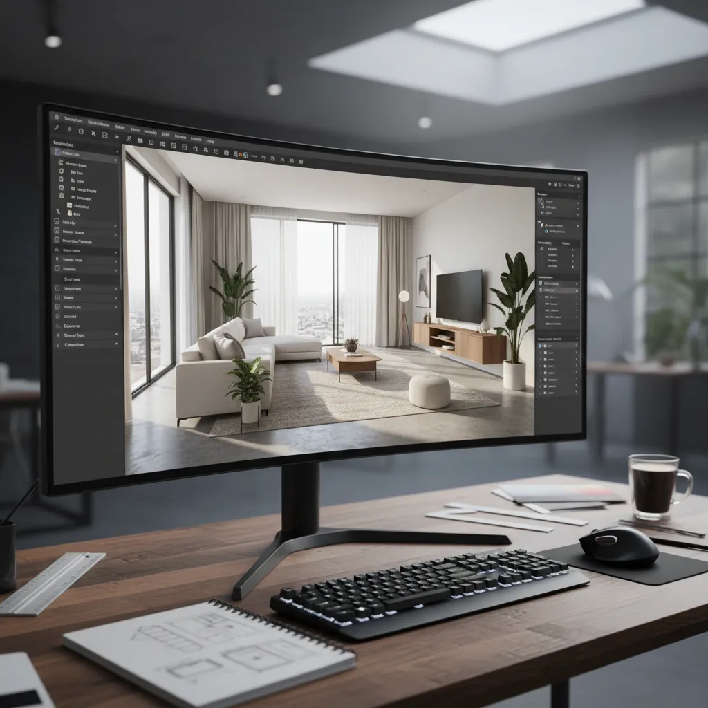 Pantalla mostrando un modelo 3D de un apartamento en software de diseño interior