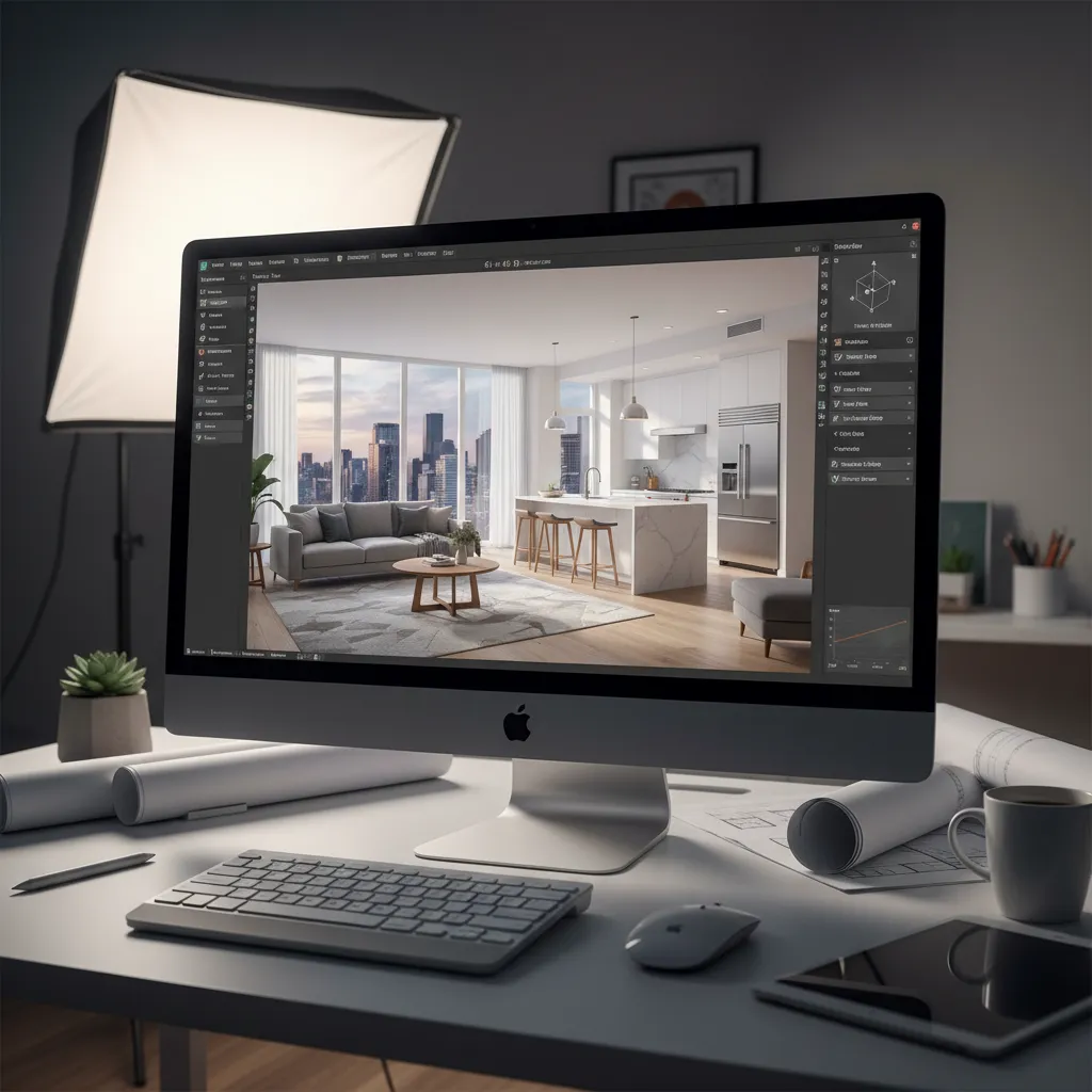 Pantalla de ordenador mostrando un modelo 3D de un apartamento en software de diseño