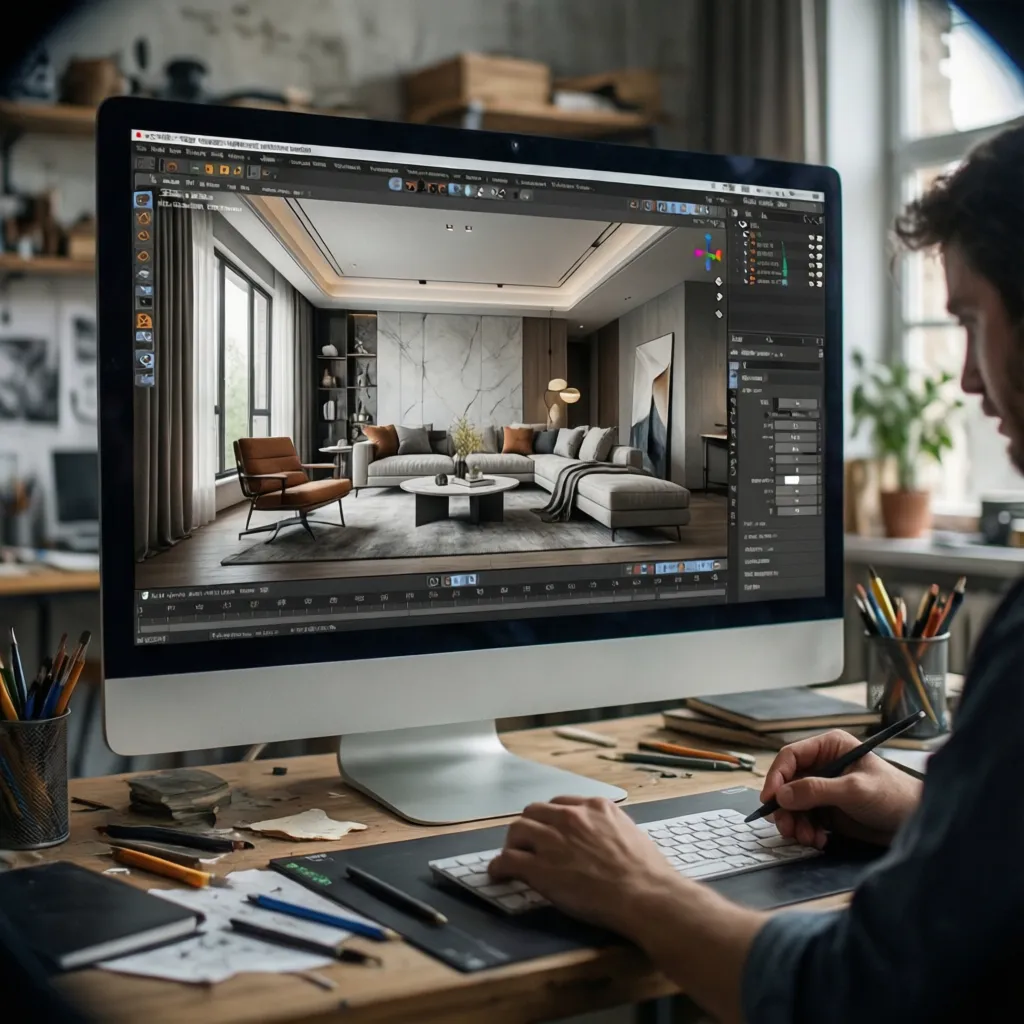 Pantalla de computadora mostrando un diseño interior en 3D