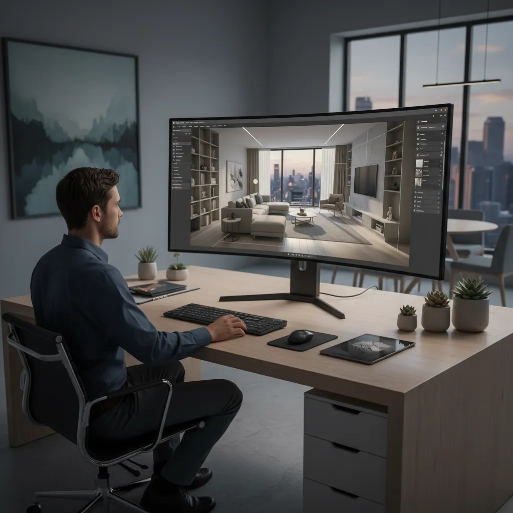 Pantalla de computadora mostrando un modelo 3D de diseño interior de un apartamento