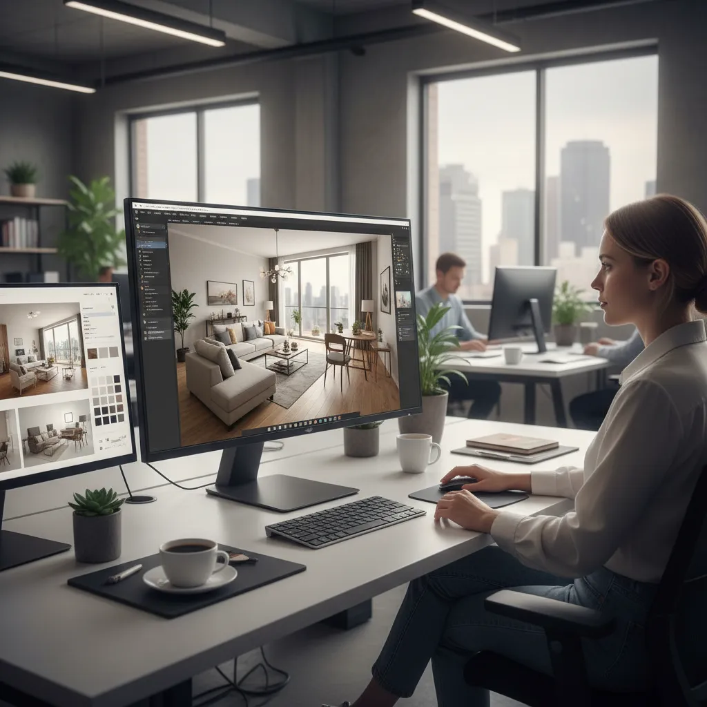 Pantalla mostrando software de diseño interior con modelo 3D