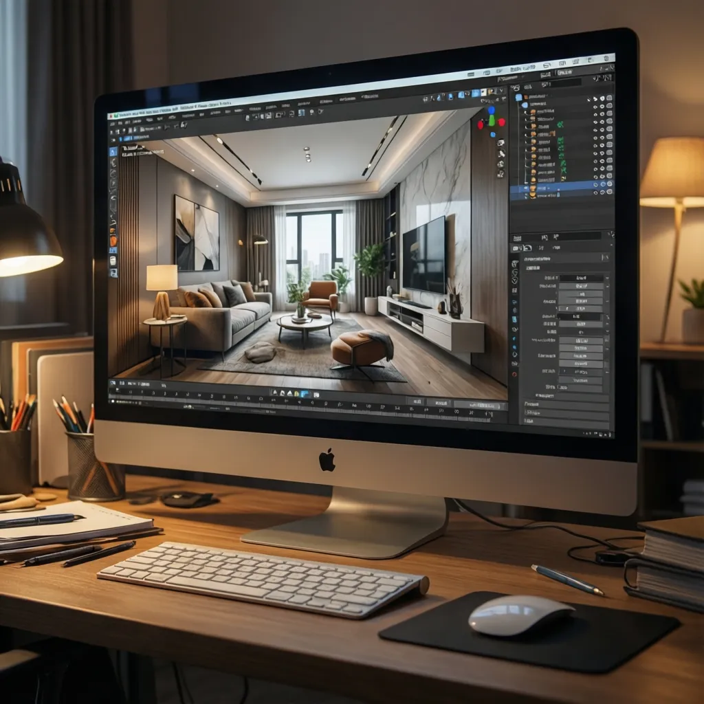 Computer monitor showing interior design drawing software interface with 3D living room model and keyboard