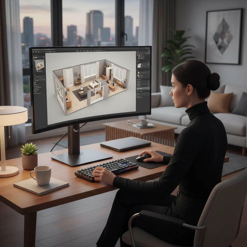 Diseñador utilizando software 3D para planificar una vivienda