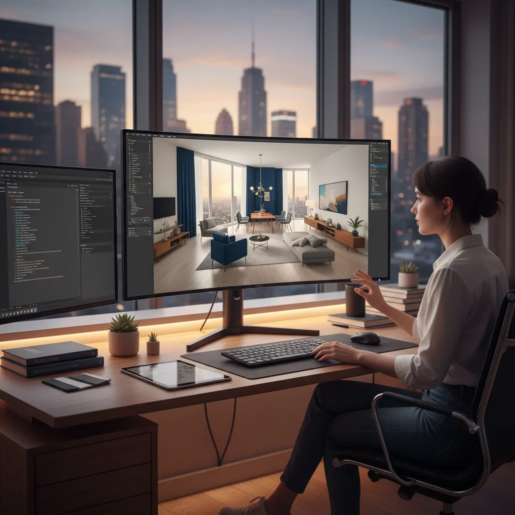 Woman using 3D software to create an interior design drawing in a city office space