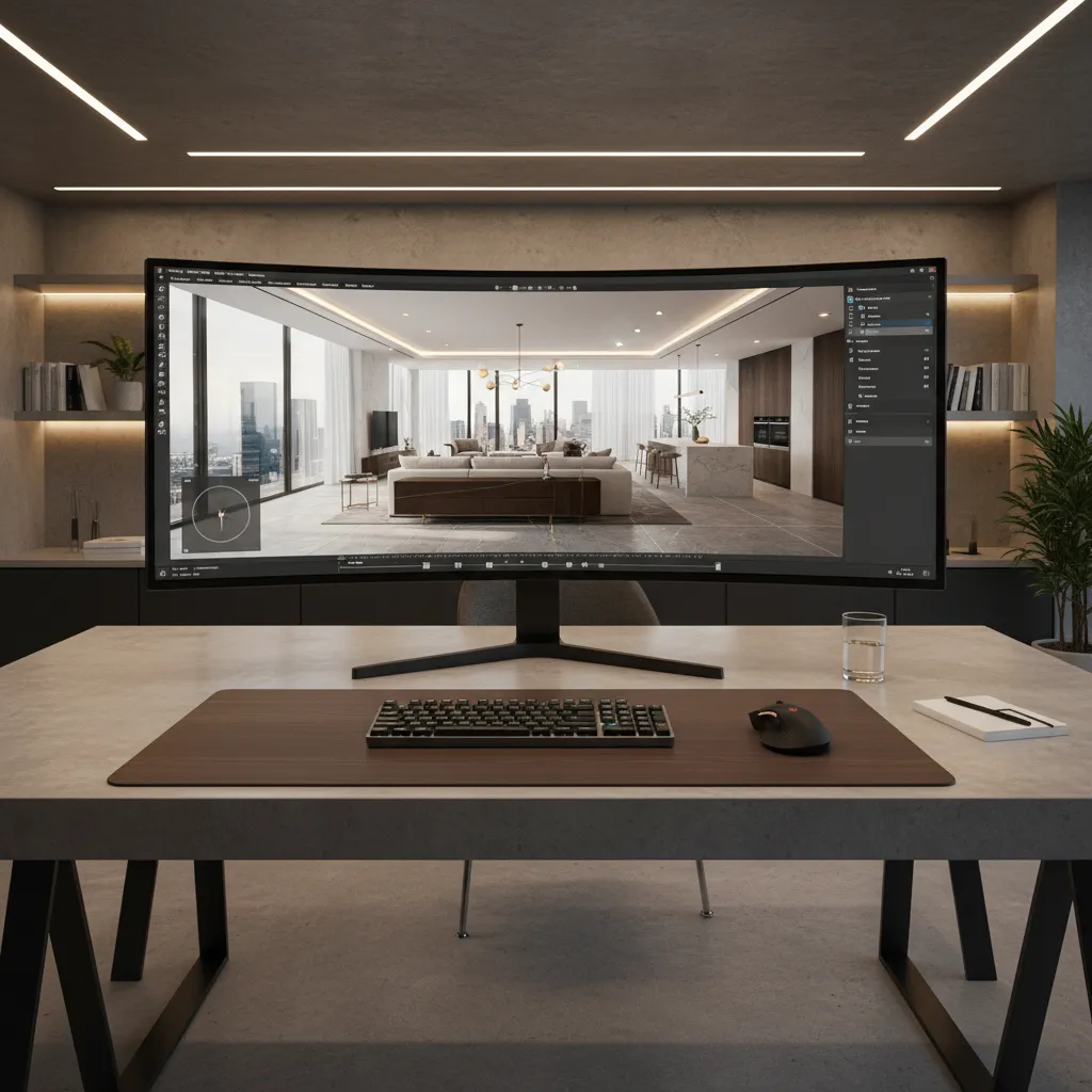Pantalla de ordenador mostrando modelado 3D de un interior moderno