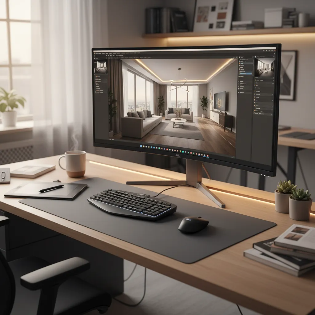 Pantalla de ordenador mostrando software 3D de diseño de interiores
