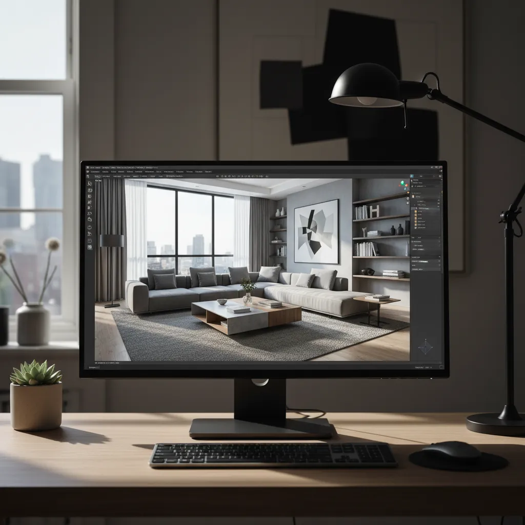 Software de diseño de interiores mostrando una sala renderizada en 3D