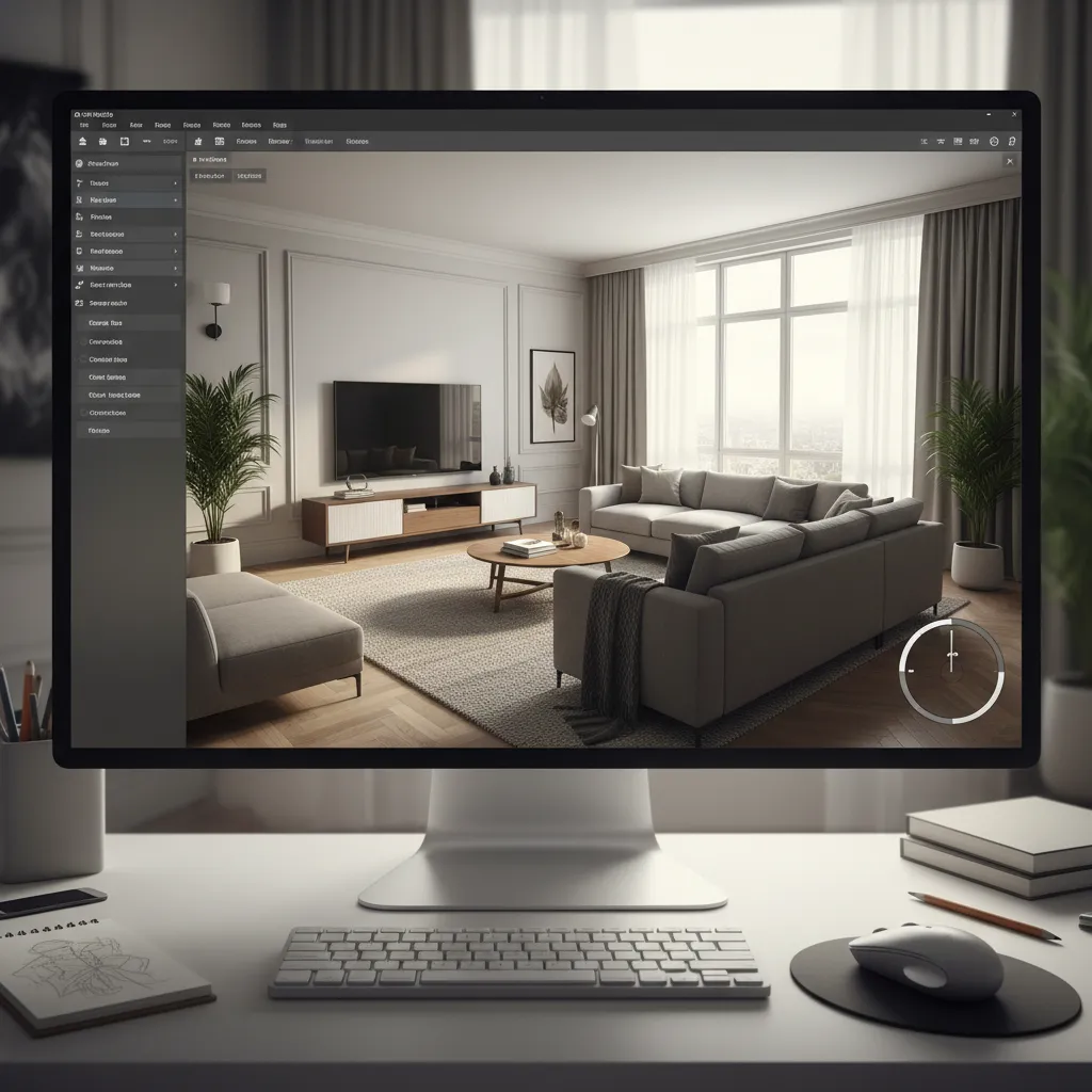 Interfaz de software 3D mostrando el diseño de un salón con muebles y distribución