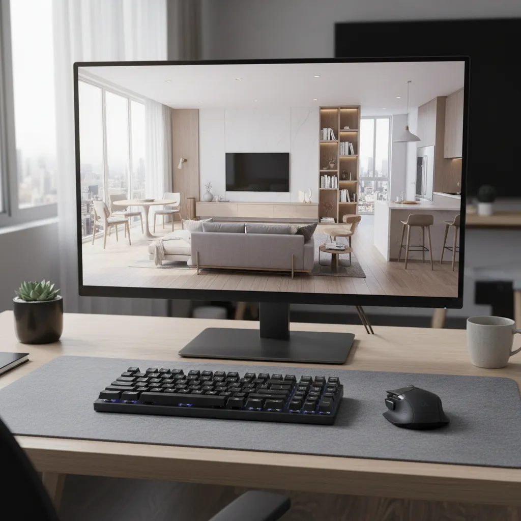 Pantalla de computadora mostrando render 3D de un proyecto de interiorismo