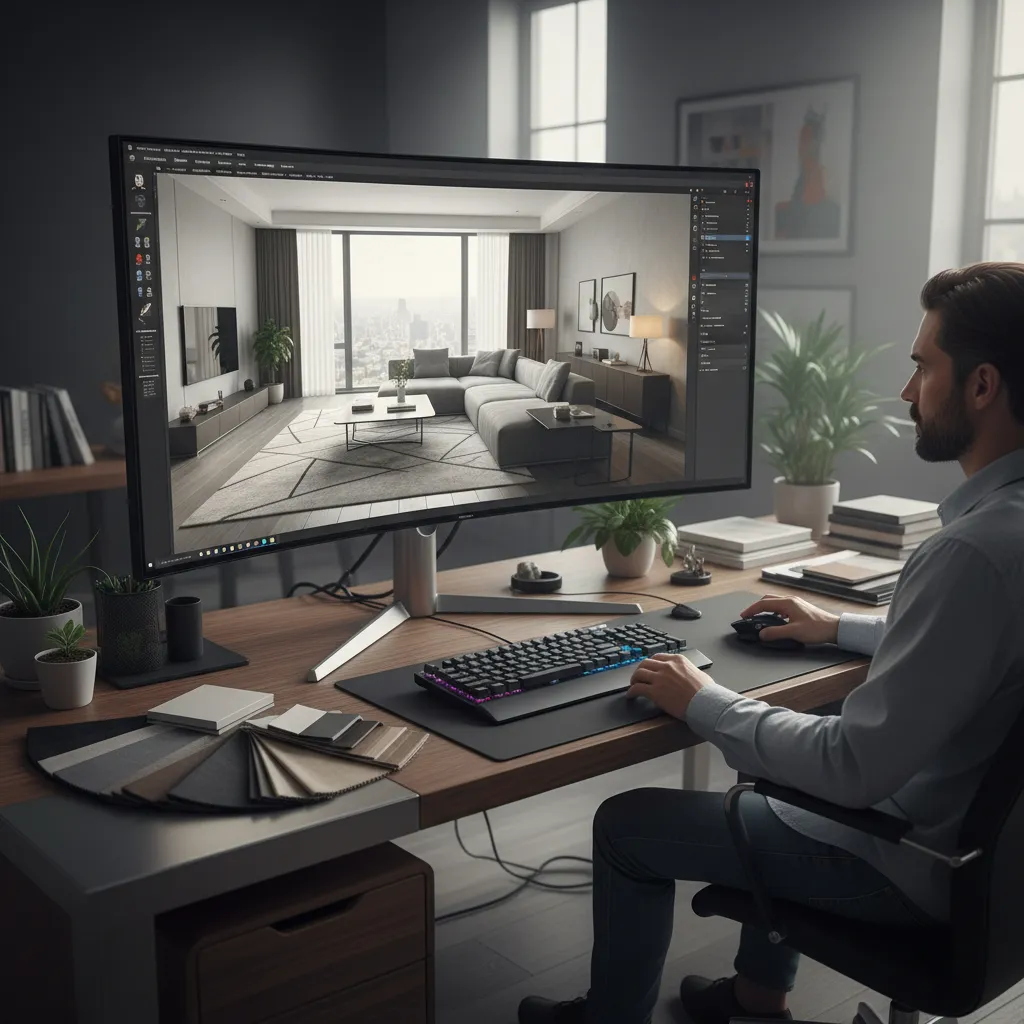 Designer using 3D design software on a large monitor to create a modern living room
