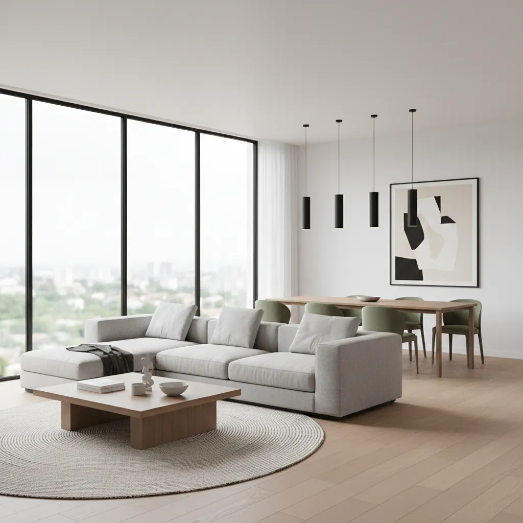 Realistic 3D living room model used to evaluate furniture scale and circulation