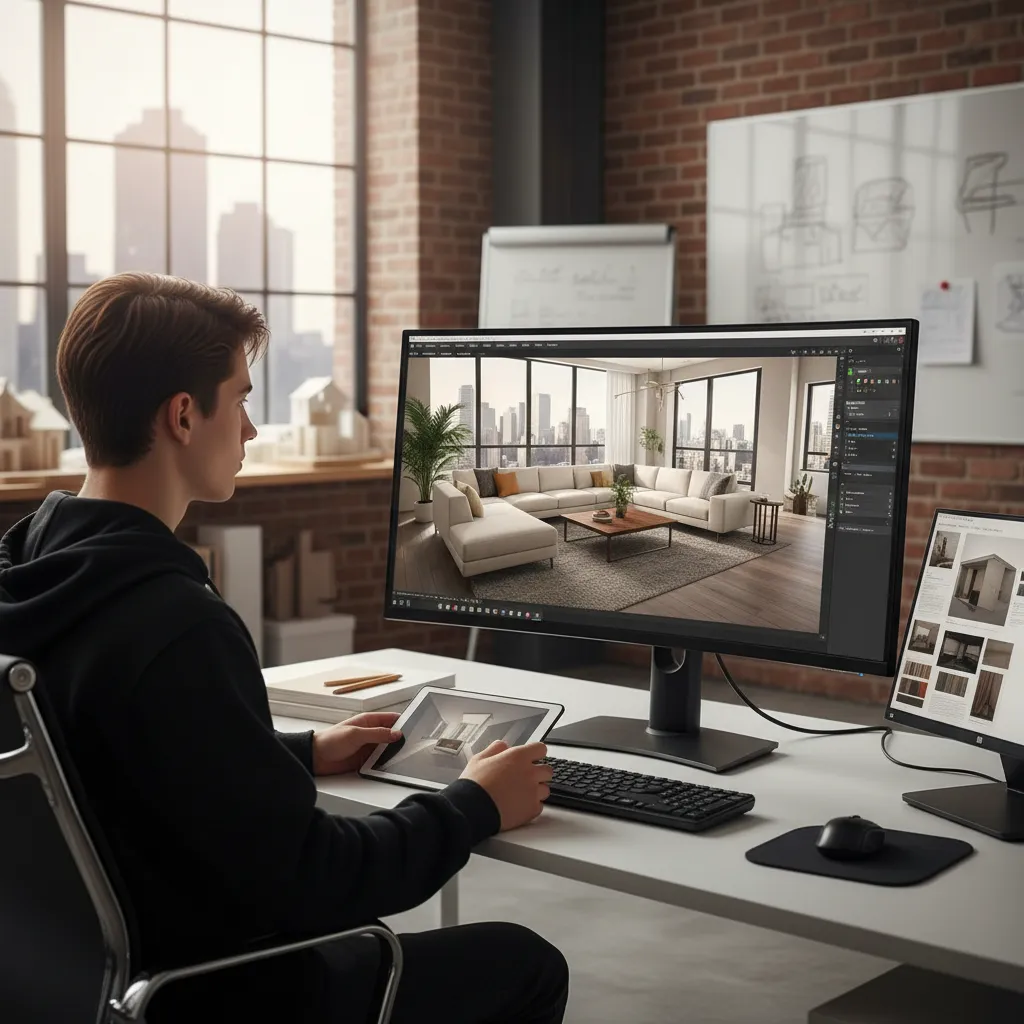 A student creates a 3D interior design drawing of a living room on a computer