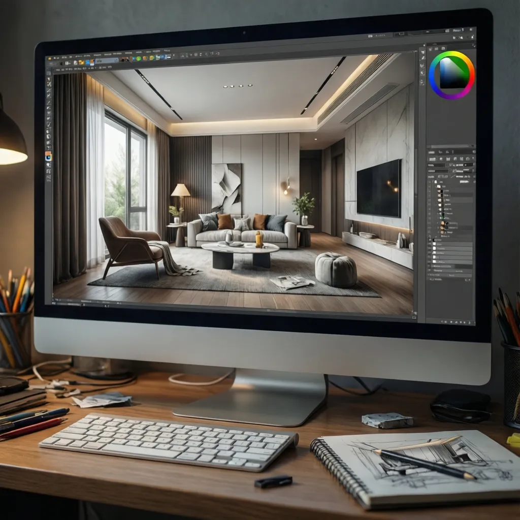Visualización 3D de diseño interior en pantalla de ordenador