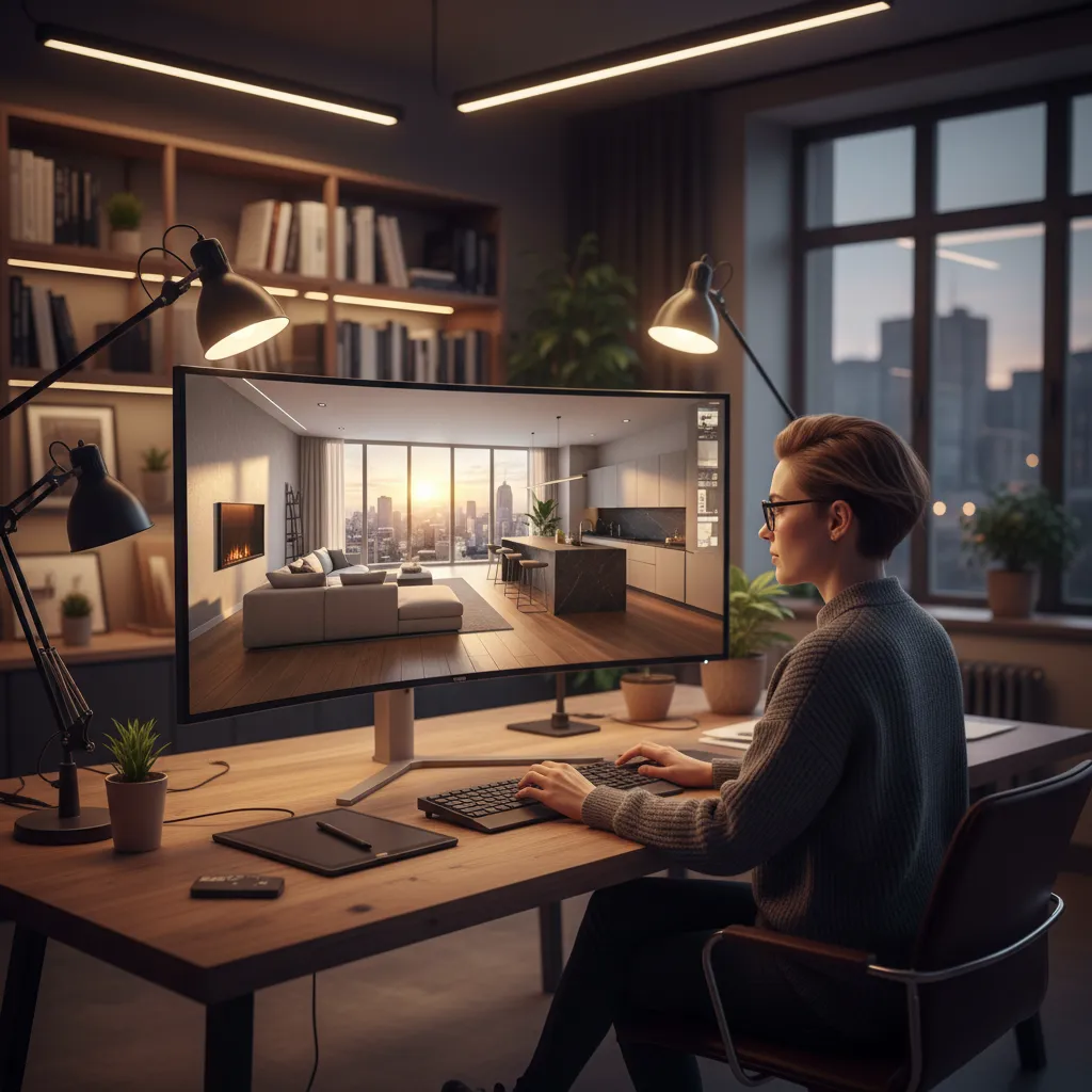 Visualización digital 3D de un diseño interior moderno en pantalla