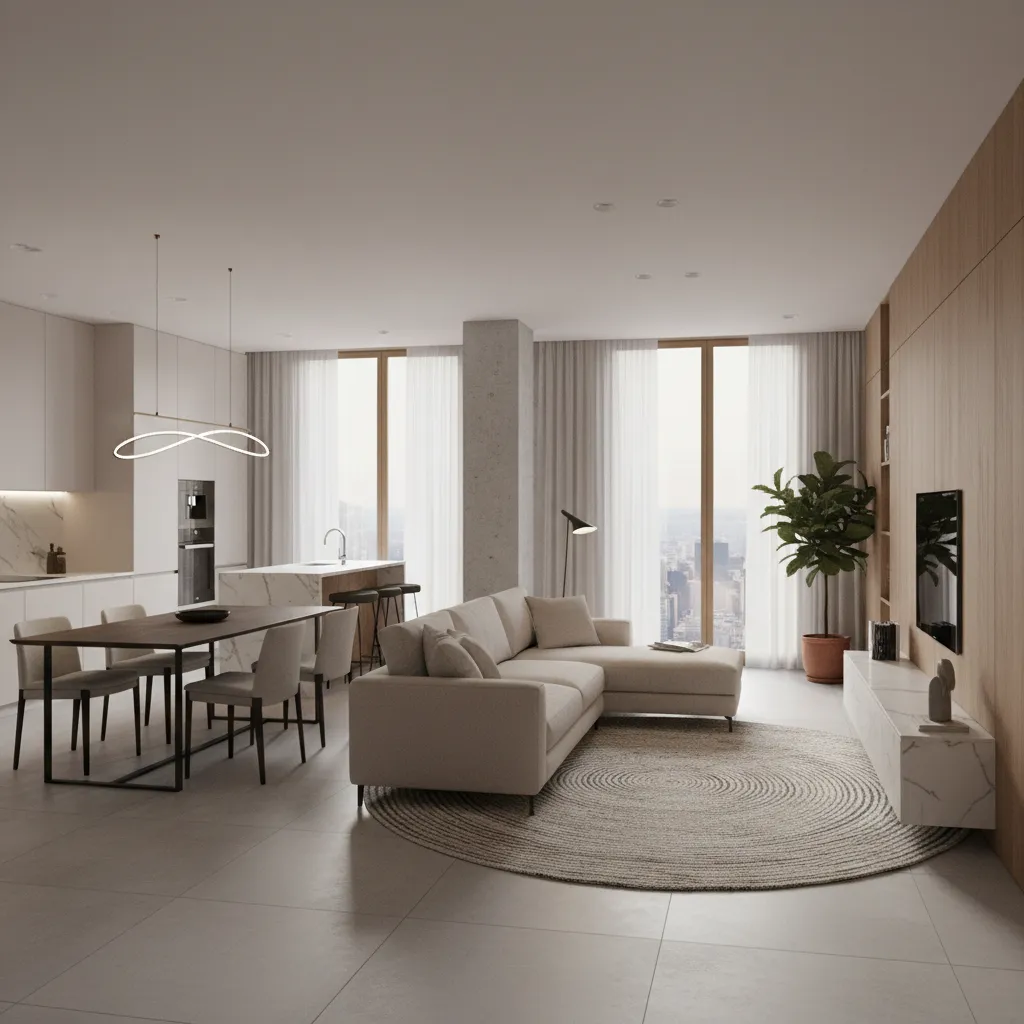 Modern interior design drawing with beige sofa, round rug, dining table, and open kitchen area