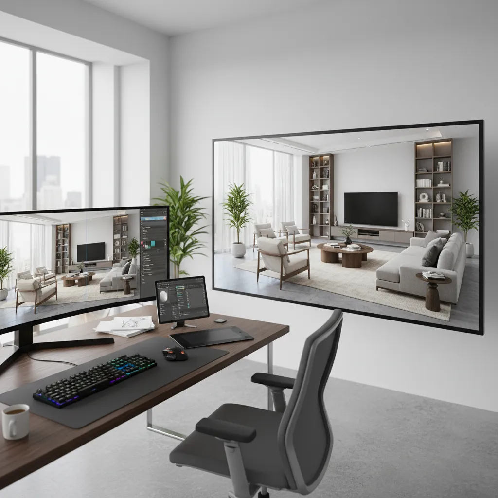 Visualización 3D de un diseño de salón moderno
