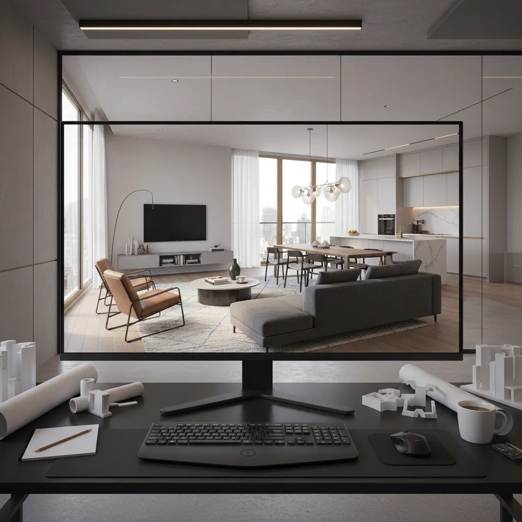 Render 3D de un diseño interior mostrando distribución de muebles