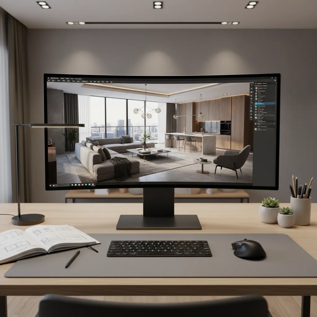Pantalla mostrando un modelo 3D de diseño interior