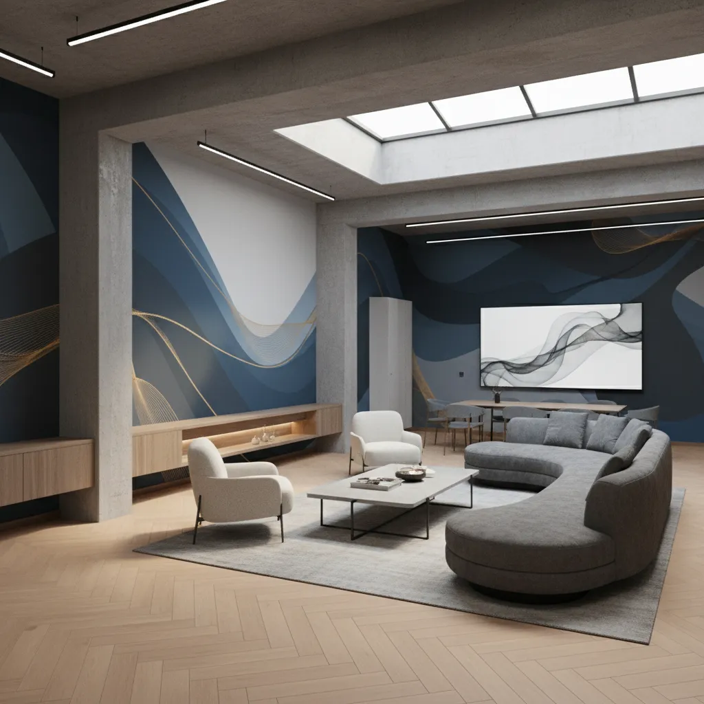 Modern living room with grey sofa wooden floor blue wall mural and large roof window