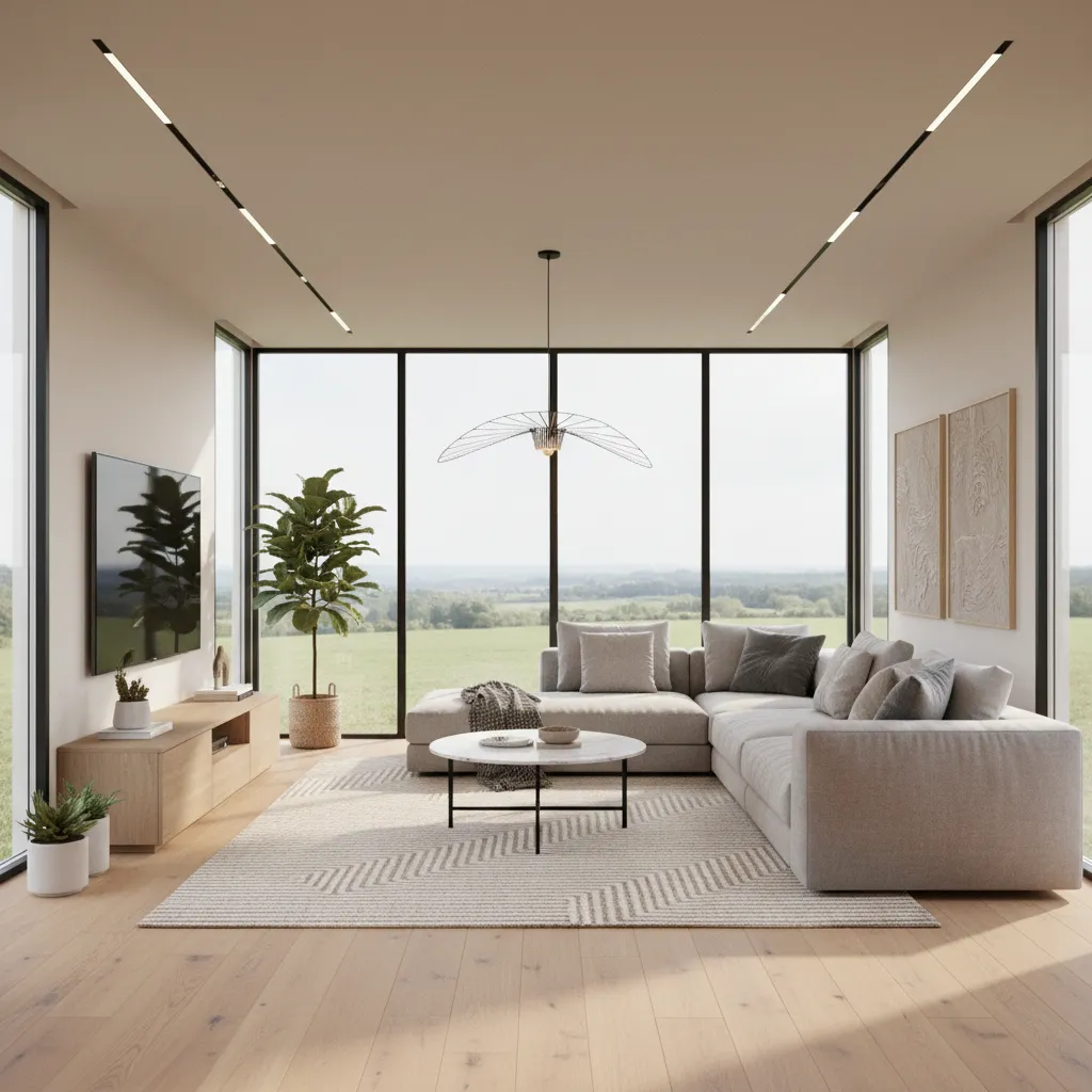 Render 3D de un salón moderno utilizado para visualizar un proyecto de interiorismo