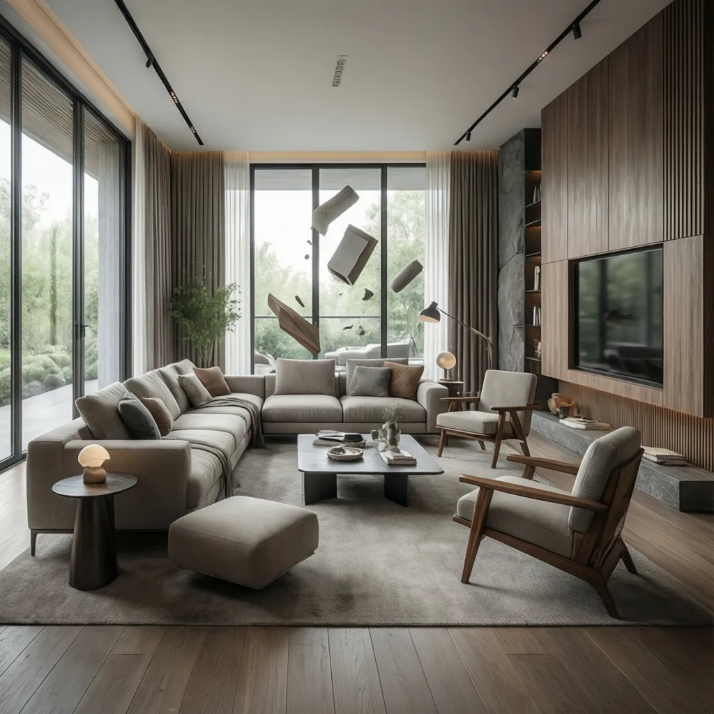 Visualización 3D de un salón moderno generado con software de interiorismo