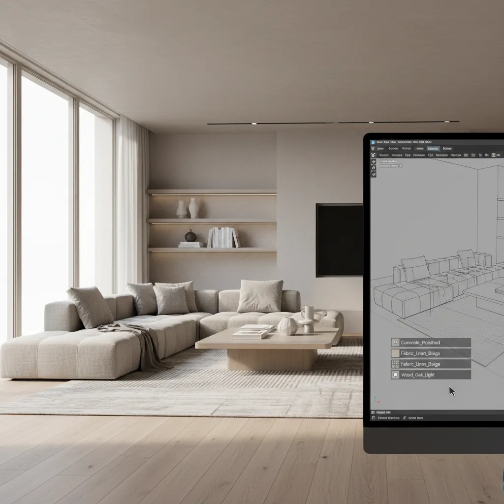 Visualización 3D de un salón moderno generado con software de diseño