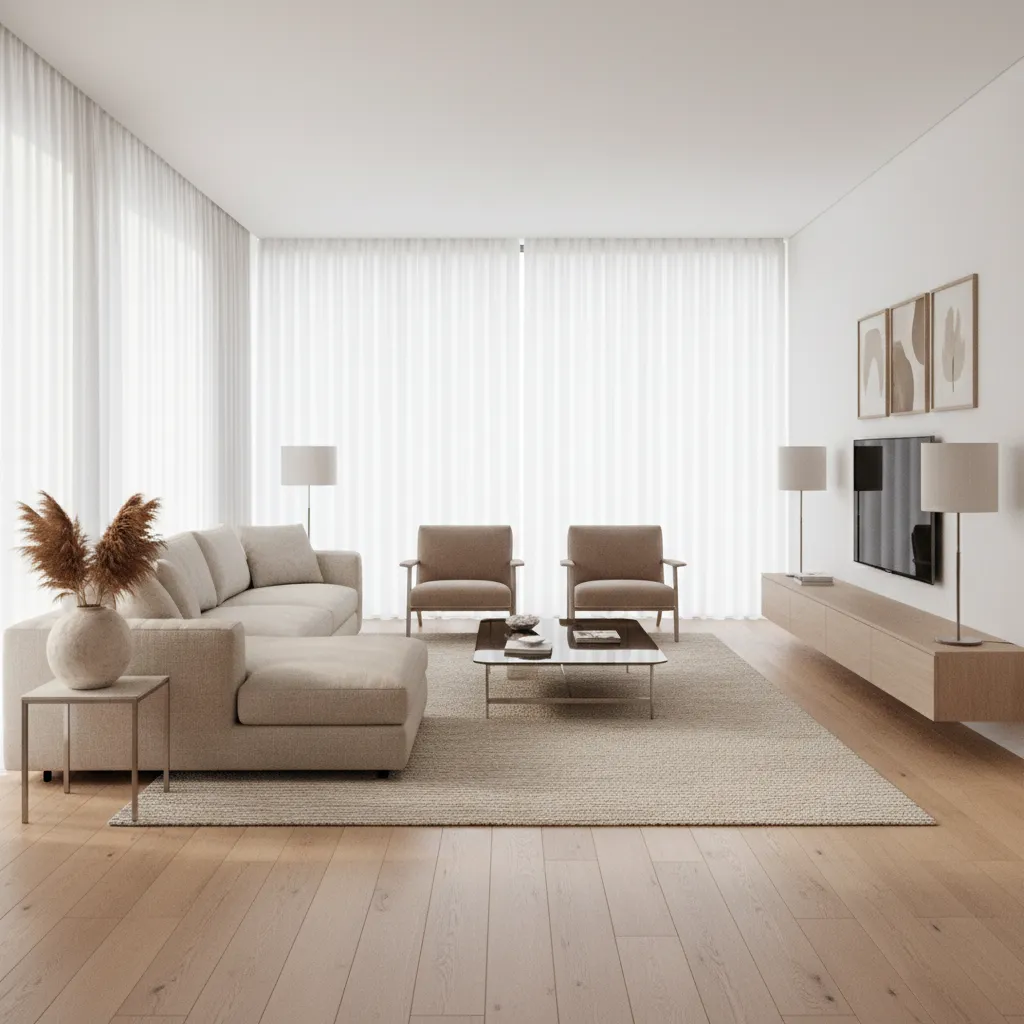 Render 3D de diseño interior mostrando un salón moderno