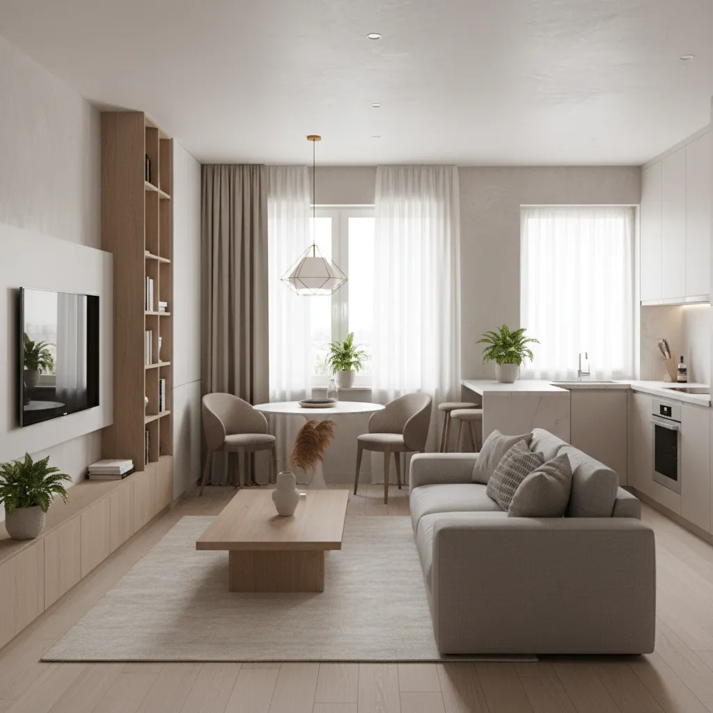 Modern open living room with grey sofa, wooden coffee table, TV unit, and white kitchen