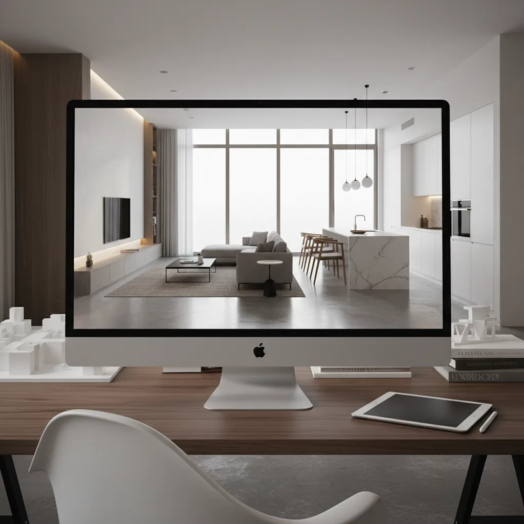 Desktop computer monitor showing an interior design drawing of a modern living room and kitchen