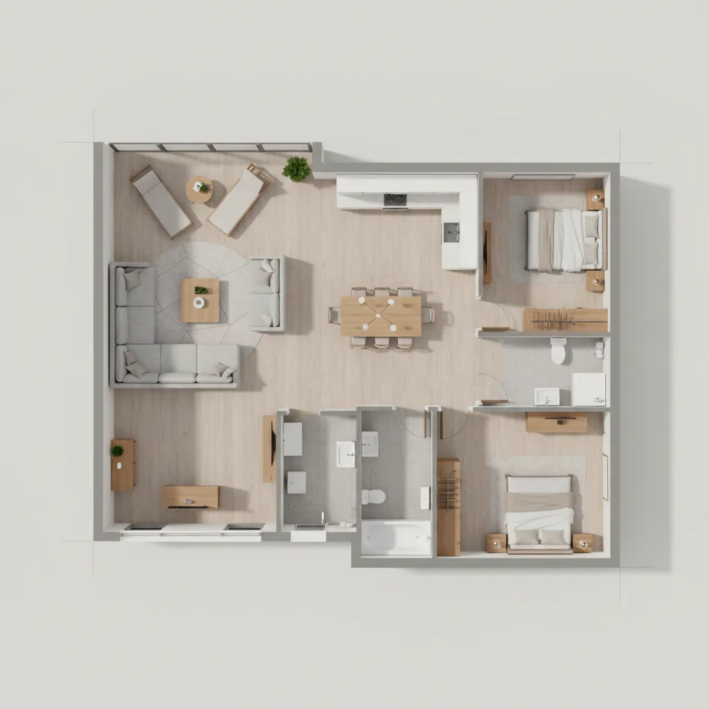 Visualización 3D de plano interior antes de decorar