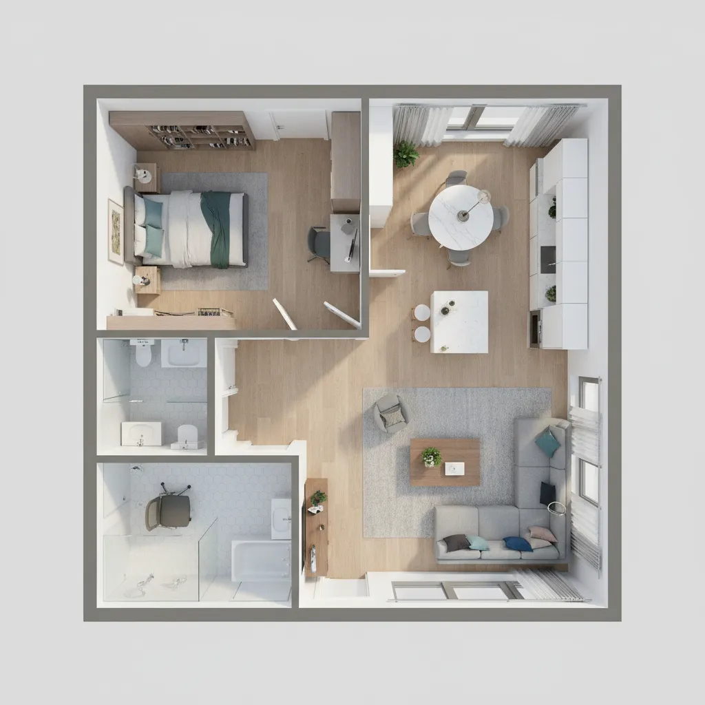 Visualización 3D de plano interior utilizada para presentar proyectos