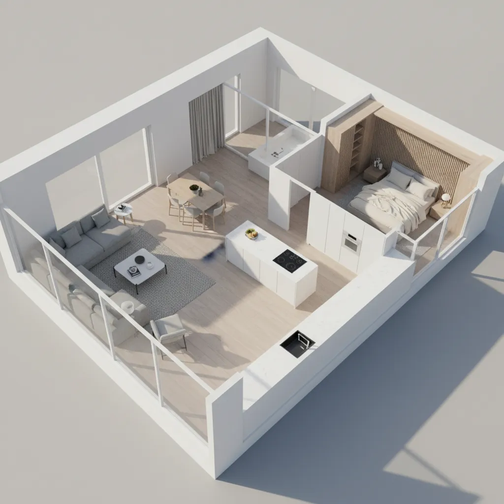 3D floor plan visualization showing furniture layout for residential interior design
