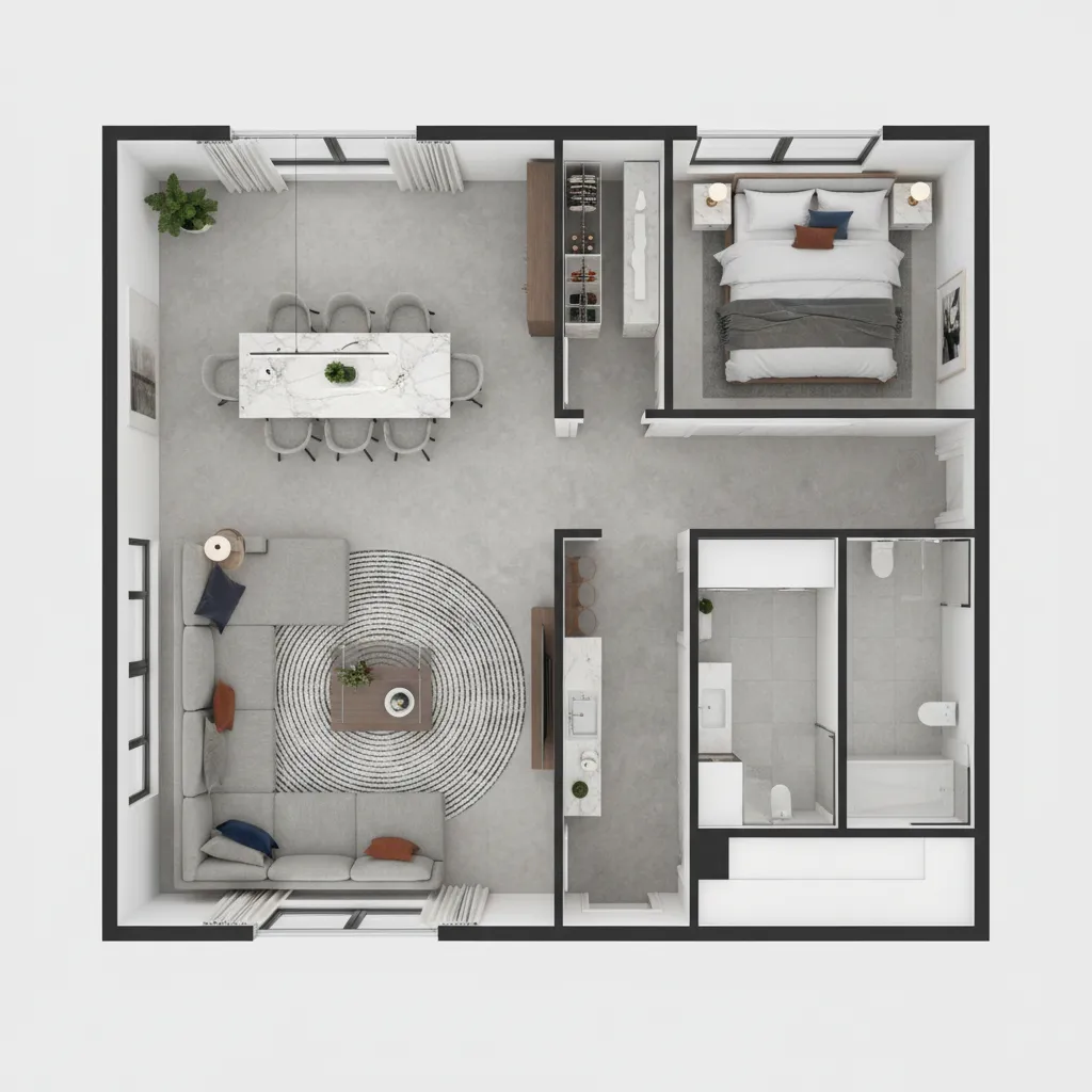 3D interior floor plan visualization showing furniture layout of apartment