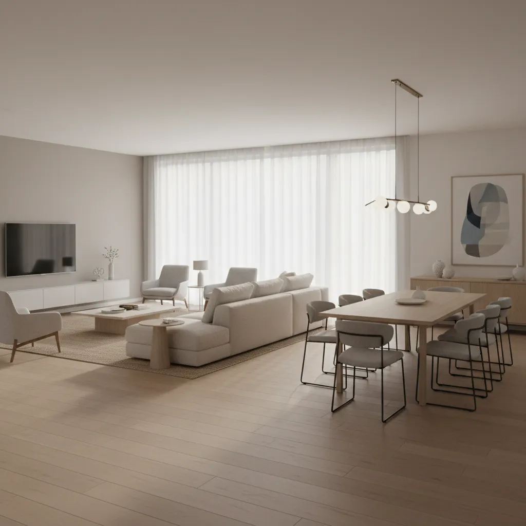 3d rendered interior showing hardwood floor direction in open plan living space