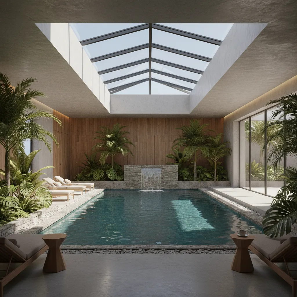 Modern indoor swimming pool with waterfall stone wall plus glass roof window and tropical plants