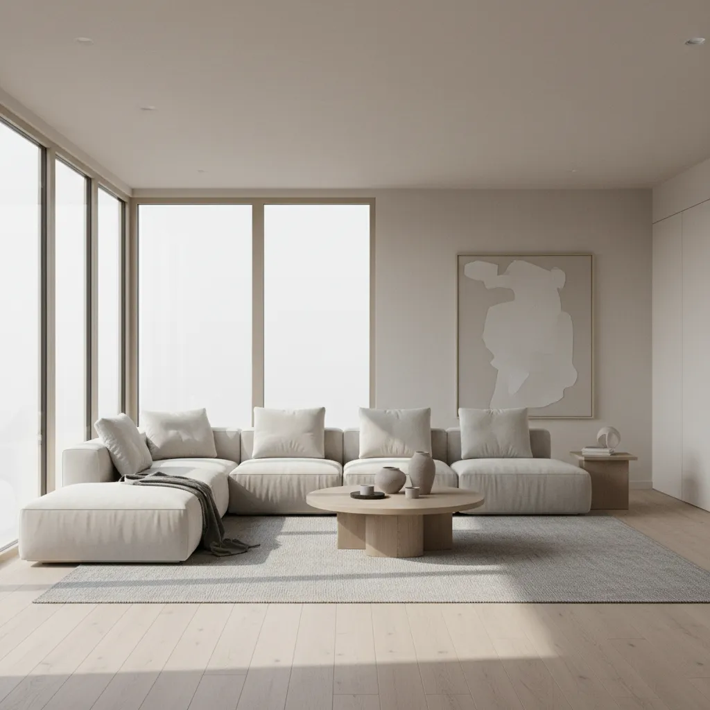 Realistic 3D interior rendering of a modern living room with natural lighting