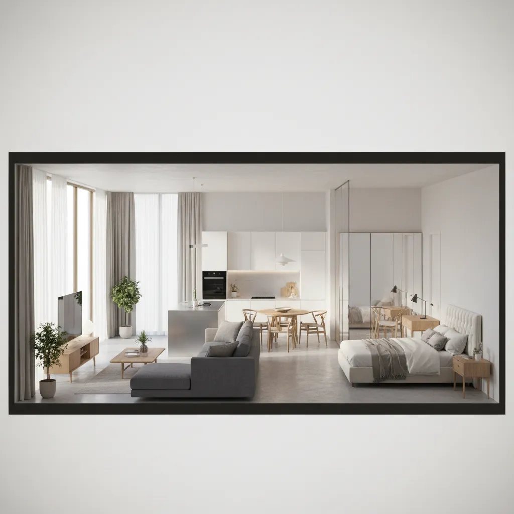 Open plan studio apartment layout with grey sofa dining table white kitchen and comfortable bedroom