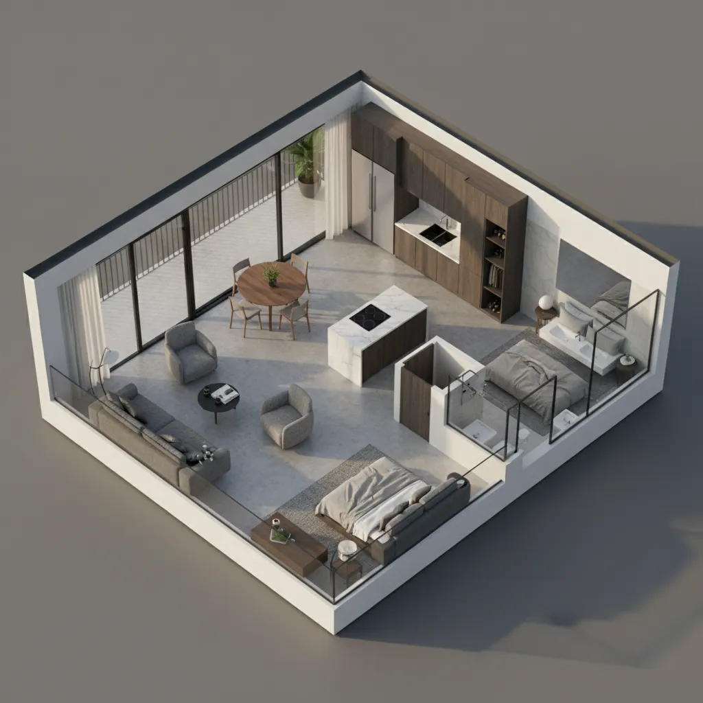 Visualización 3D de la distribución de un apartamento moderno