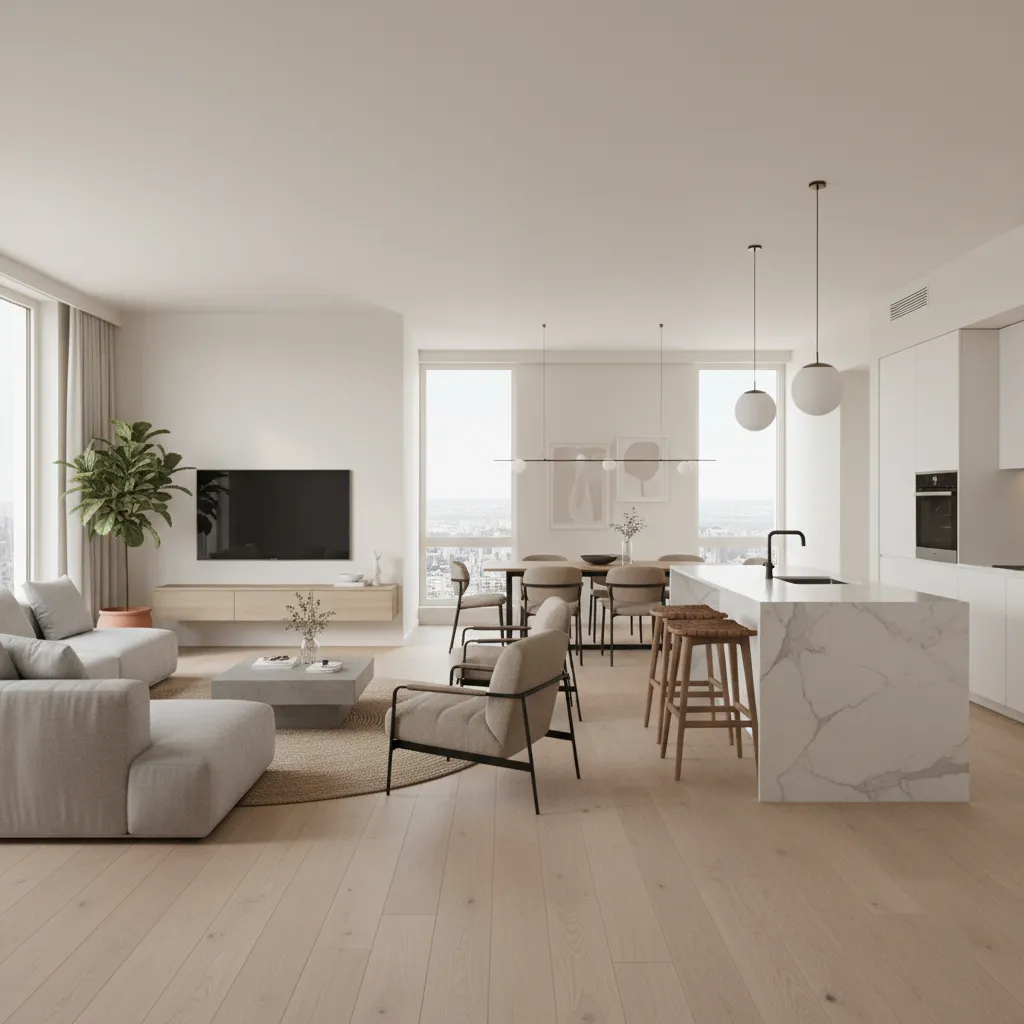 Modelo 3D de un salón con cocina abierta utilizado para planificación interior