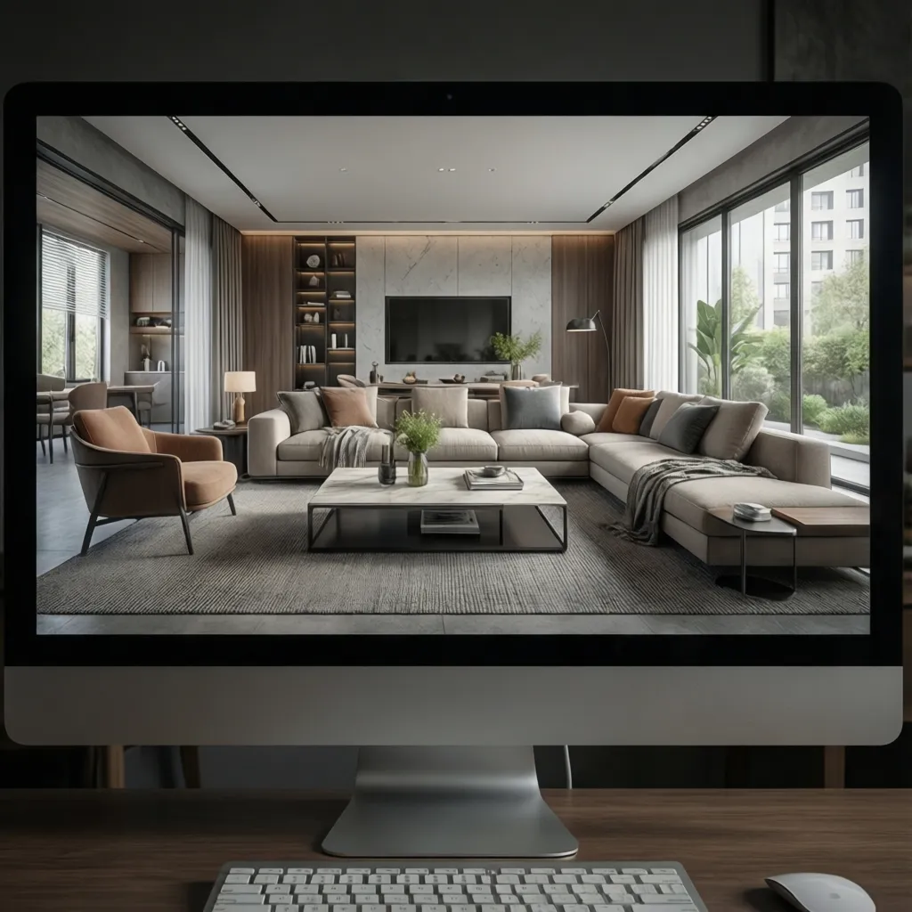 Computer monitor displaying a modern living room interior design with grey sofa and large windows