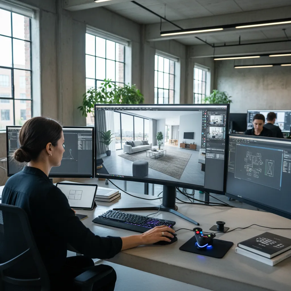 Diseñador creando distribución de espacio en software 3D